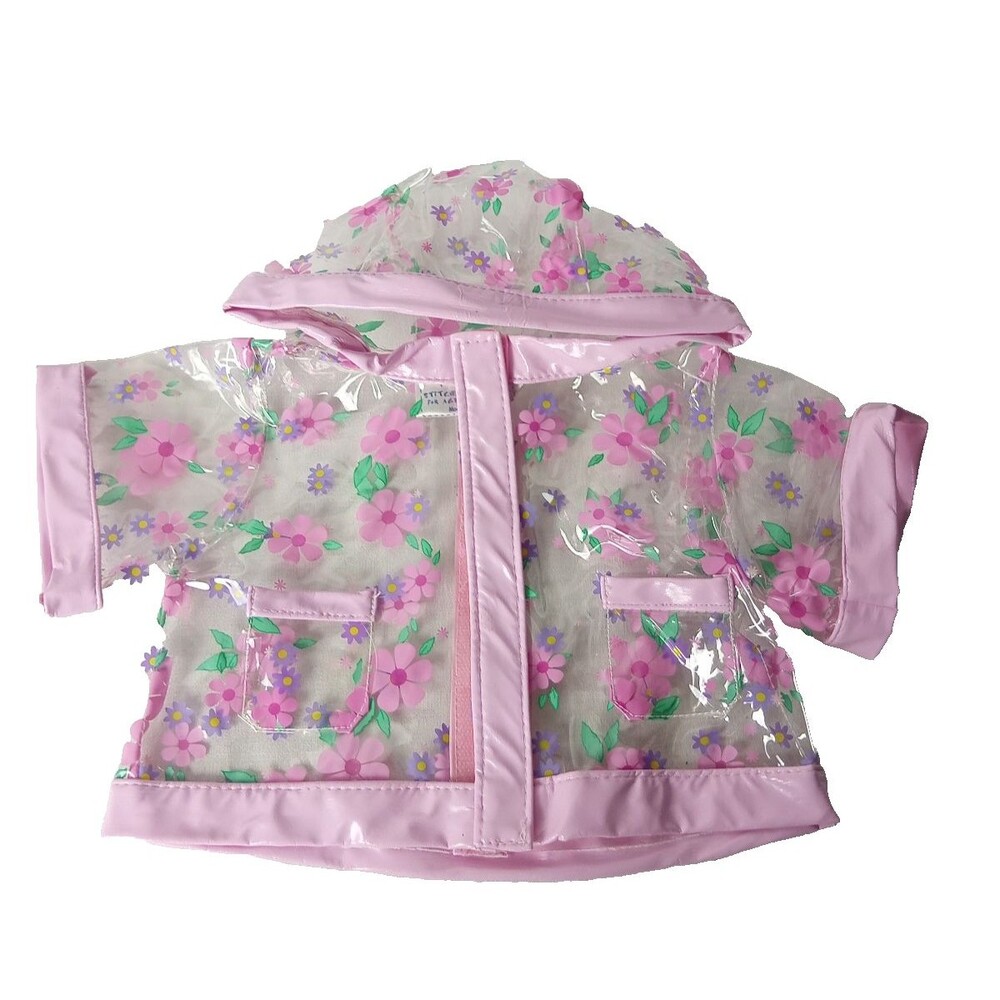 VINTAGE BUILD A BEAR FACTORY CLOTHES CLEAR HOODED RAINCOAT PINK FLOWER DESIGN